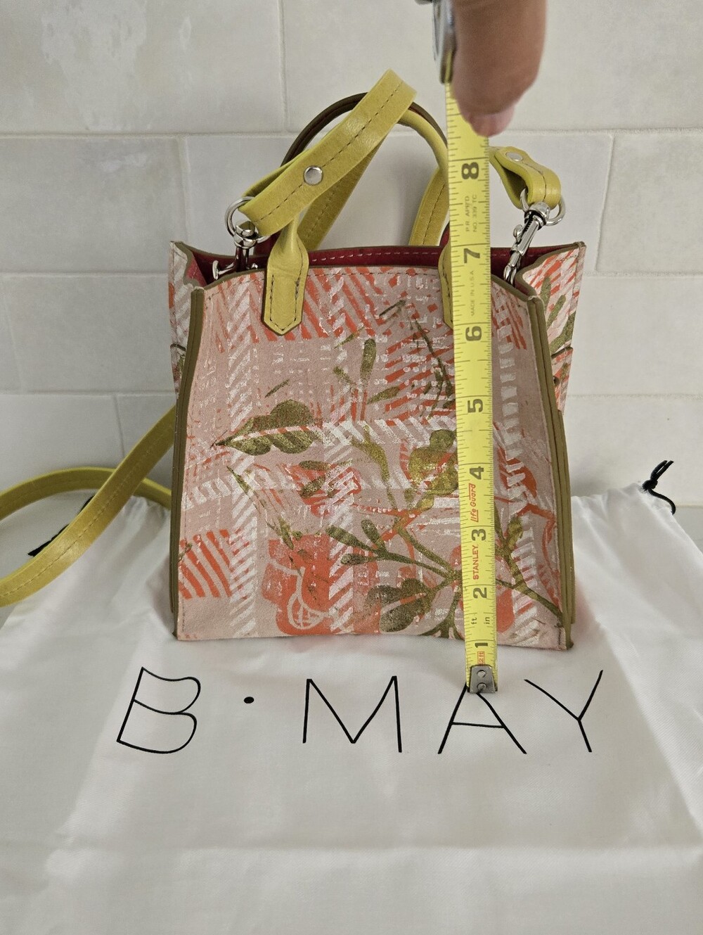 B. May Printed Leather Small Crossbody Purse Bag Tan Chartreuse Coral Pink